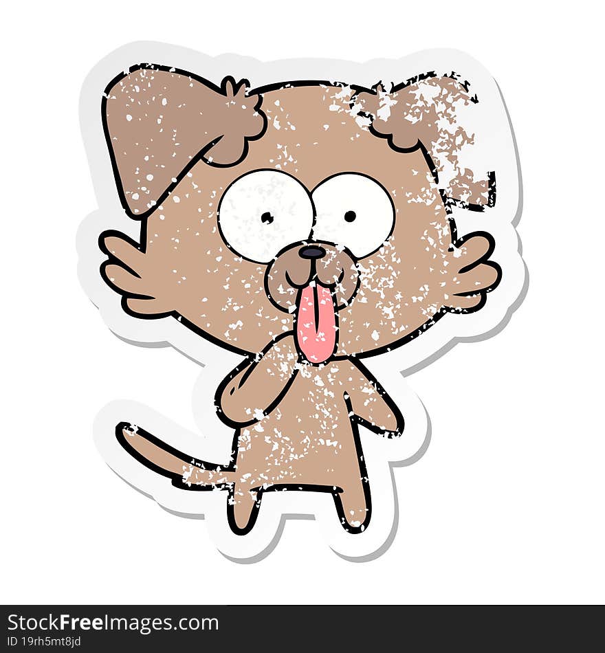 distressed sticker of a cartoon dog with tongue sticking out