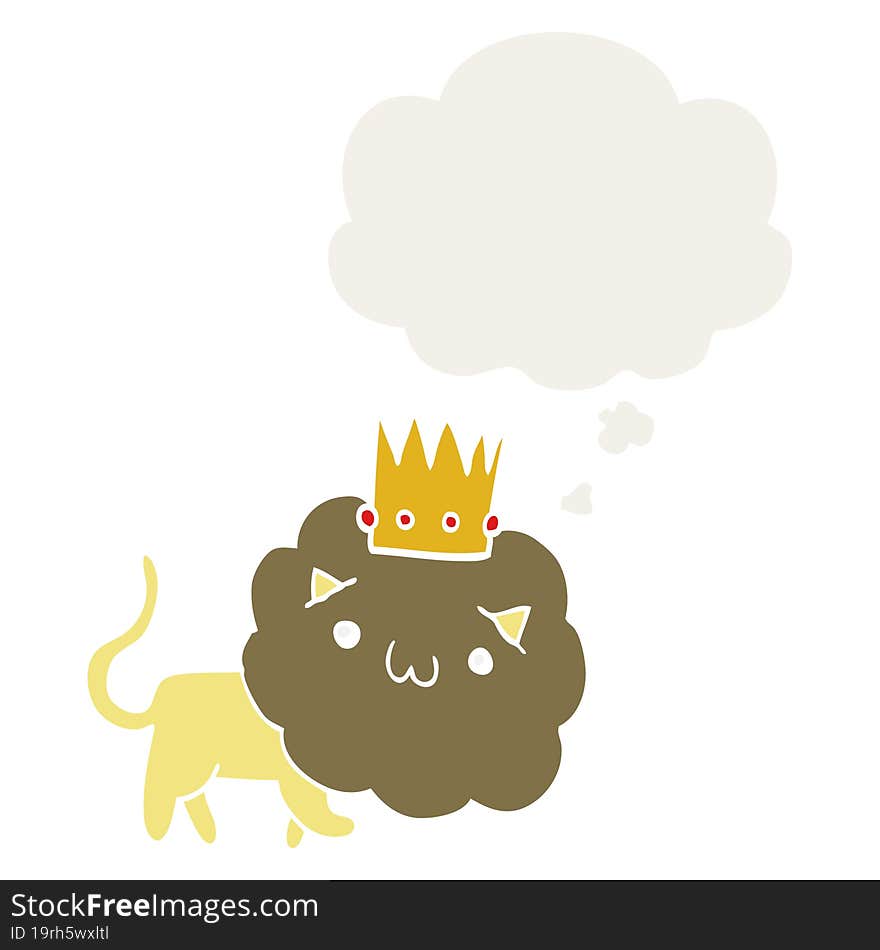 cartoon lion with crown and thought bubble in retro style