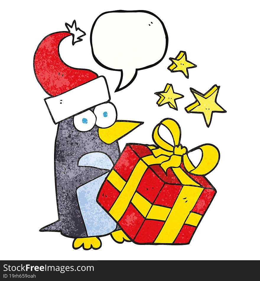 freehand drawn texture speech bubble cartoon christmas penguin with present