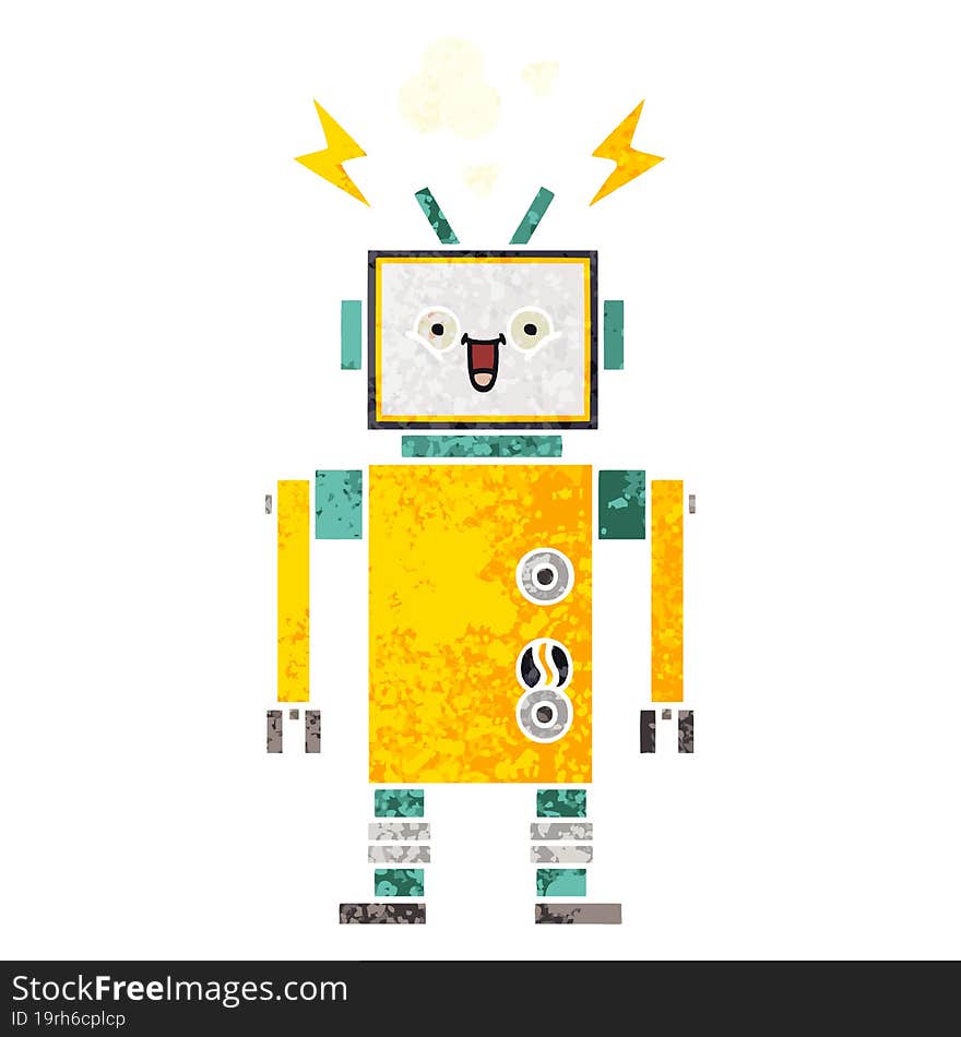 retro illustration style cartoon of a happy robot