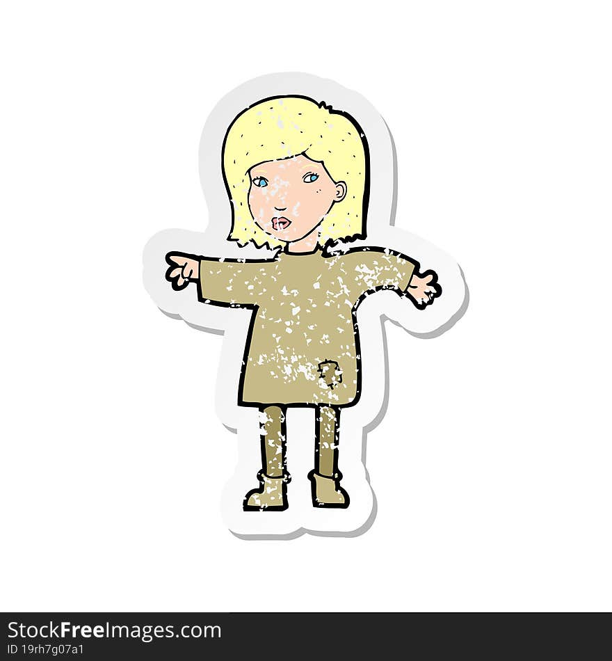 Retro Distressed Sticker Of A Cartoon Woman In Patched Clothing