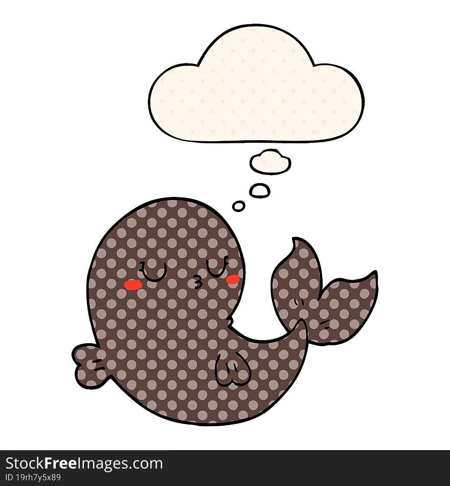 cute cartoon whale and thought bubble in comic book style