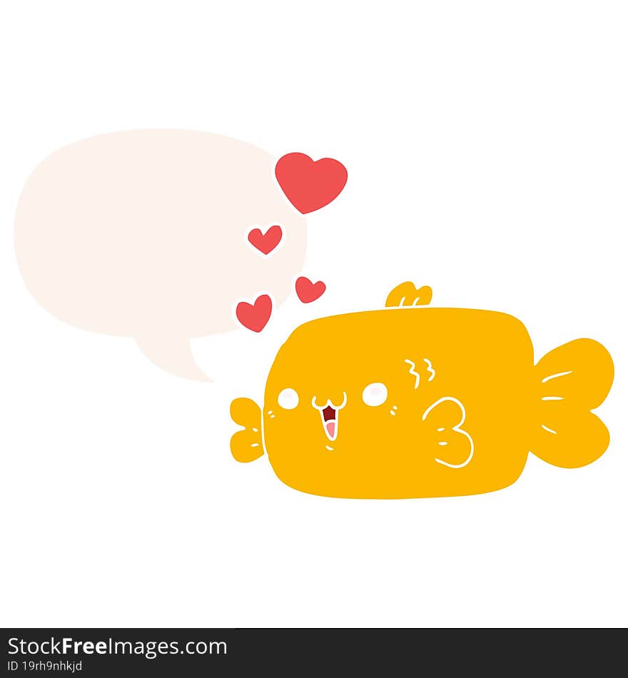 cute cartoon fish with love hearts with speech bubble in retro style. cute cartoon fish with love hearts with speech bubble in retro style