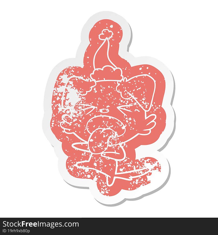 Cartoon Distressed Sticker Of A Disgusted Dog Wearing Santa Hat