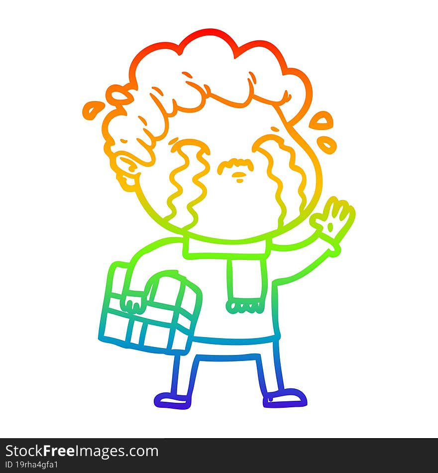 rainbow gradient line drawing of a cartoon man crying