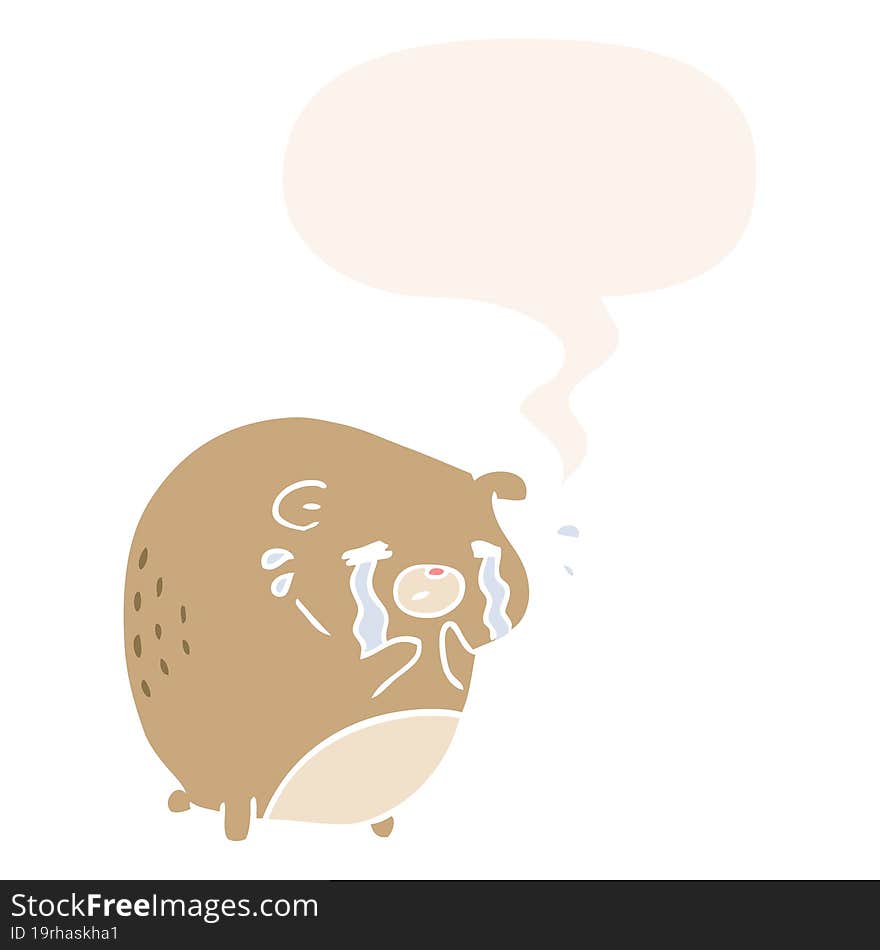 cartoon crying bear and speech bubble in retro style