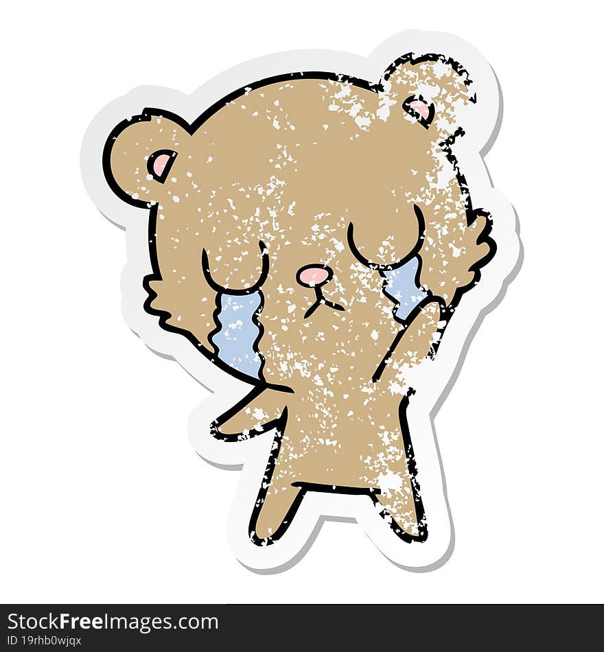 Distressed Sticker Of A Crying Cartoon Bear Waving