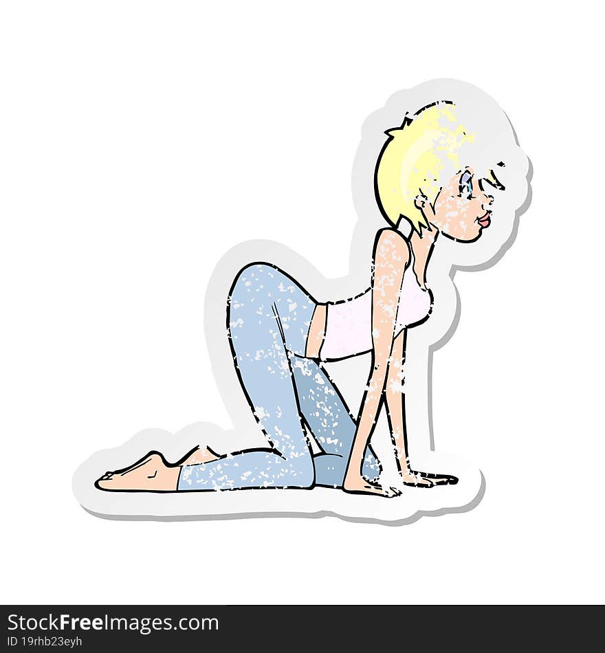 retro distressed sticker of a cartoon sexy woman on all fours