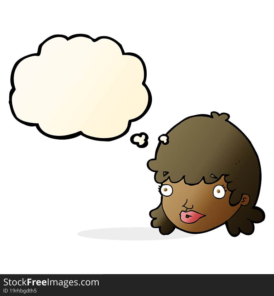 cartoon female face with surprised expression with thought bubble