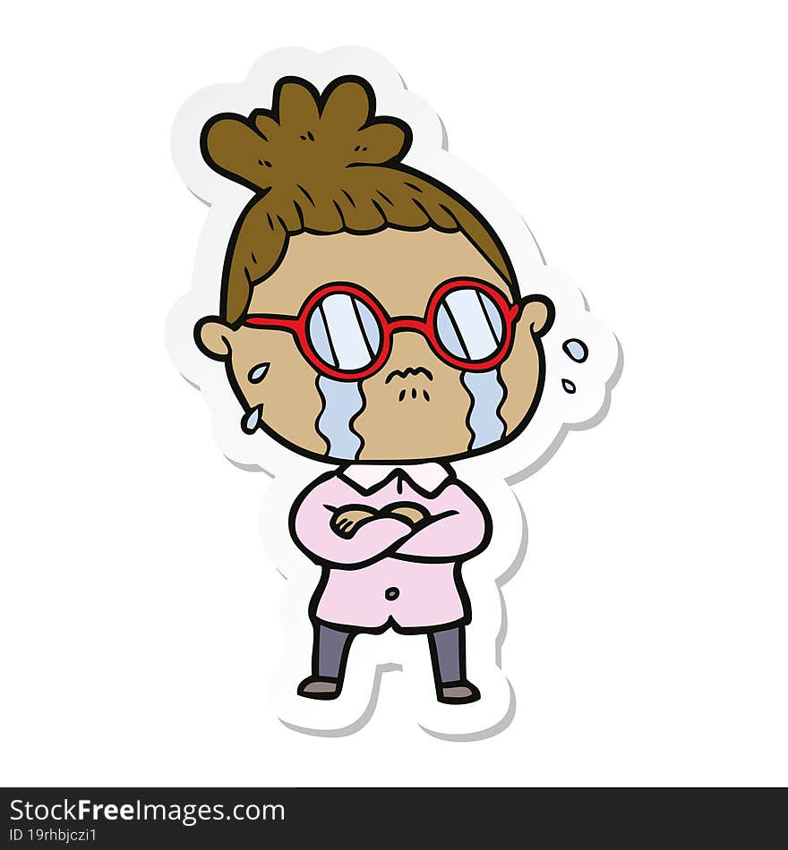 sticker of a cartoon crying woman wearing spectacles