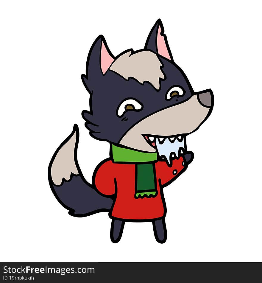 cartoon hungry wolf in winter clothes. cartoon hungry wolf in winter clothes