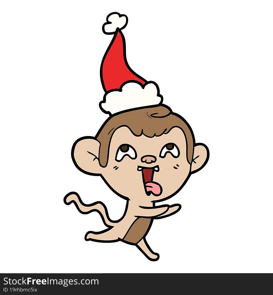 crazy line drawing of a monkey running wearing santa hat