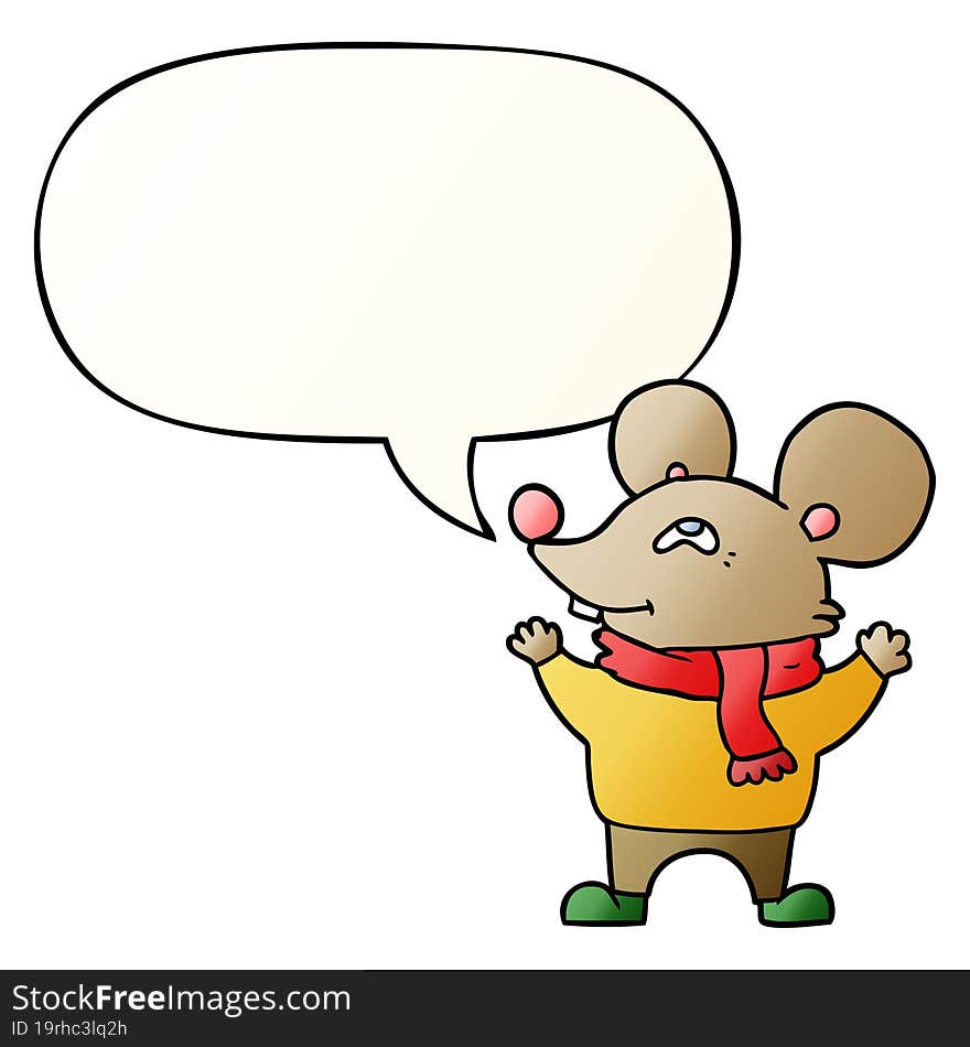 cartoon mouse wearing scarf and speech bubble in smooth gradient style