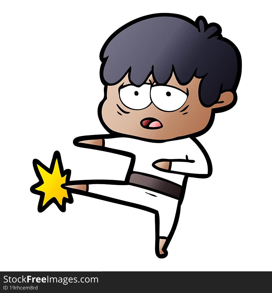 cartoon exhausted boy doing karate. cartoon exhausted boy doing karate