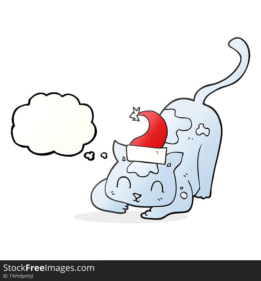 freehand drawn thought bubble cartoon cat wearing christmas hat