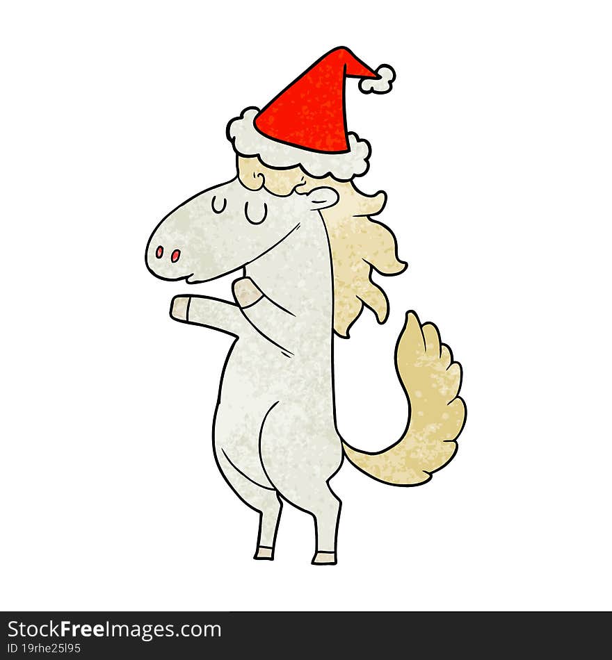 textured cartoon of a horse wearing santa hat