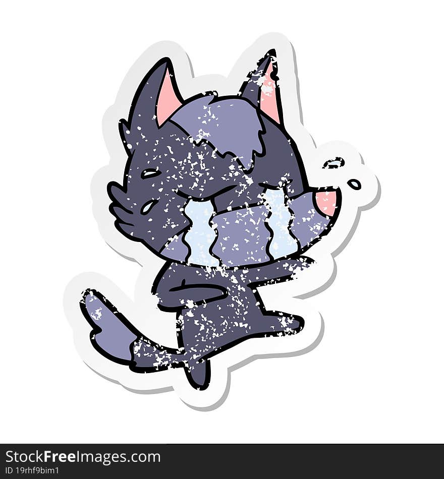 distressed sticker of a cartoon crying wolf