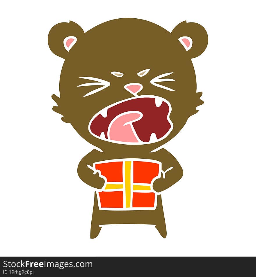 angry flat color style cartoon bear with present