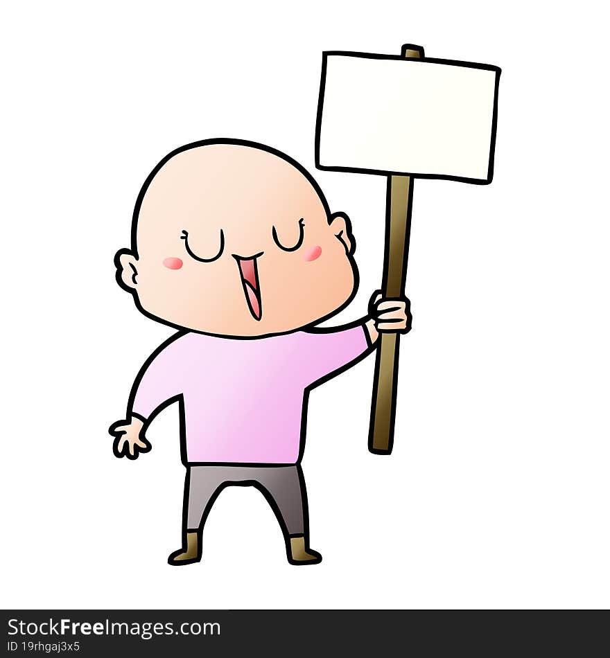 happy cartoon bald man with sign. happy cartoon bald man with sign