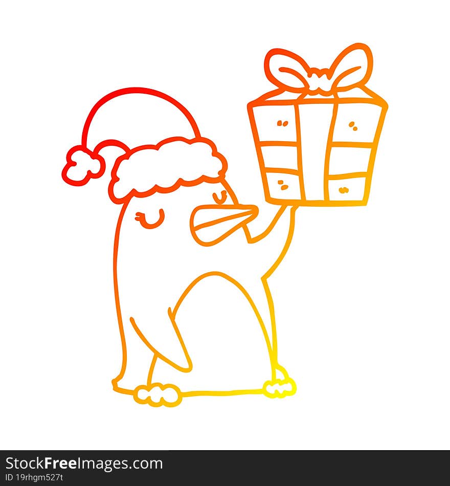 warm gradient line drawing cartoon penguin with christmas present