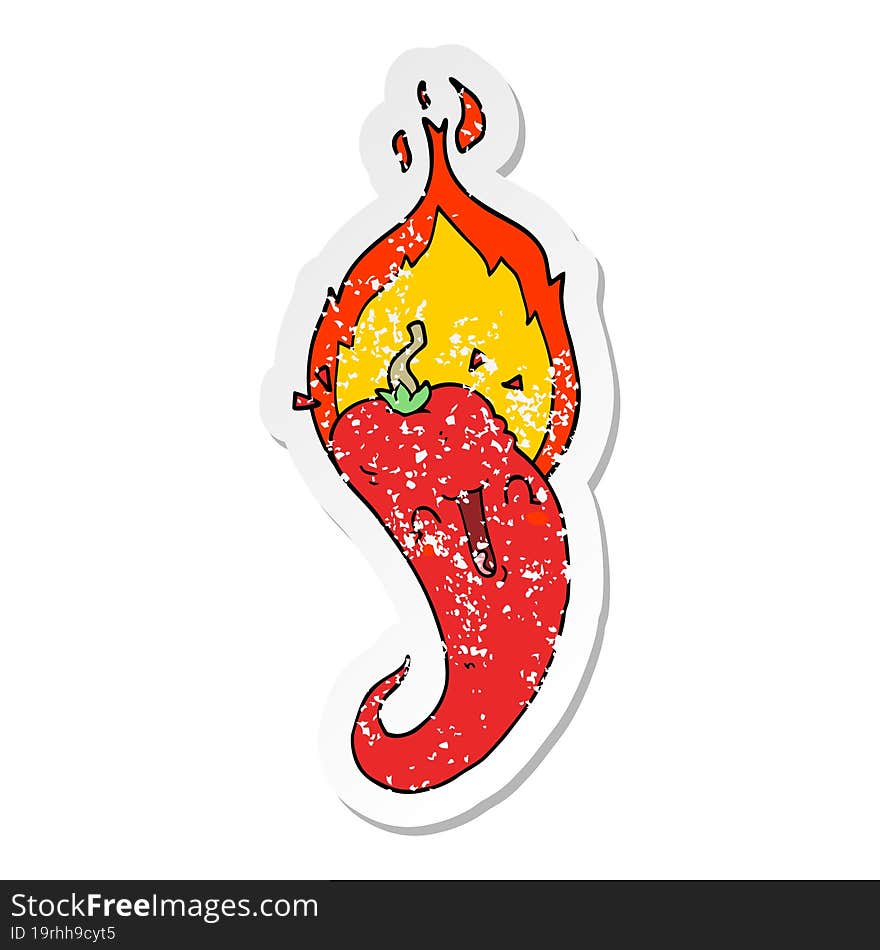 distressed sticker of a cartoon flaming hot chili pepper