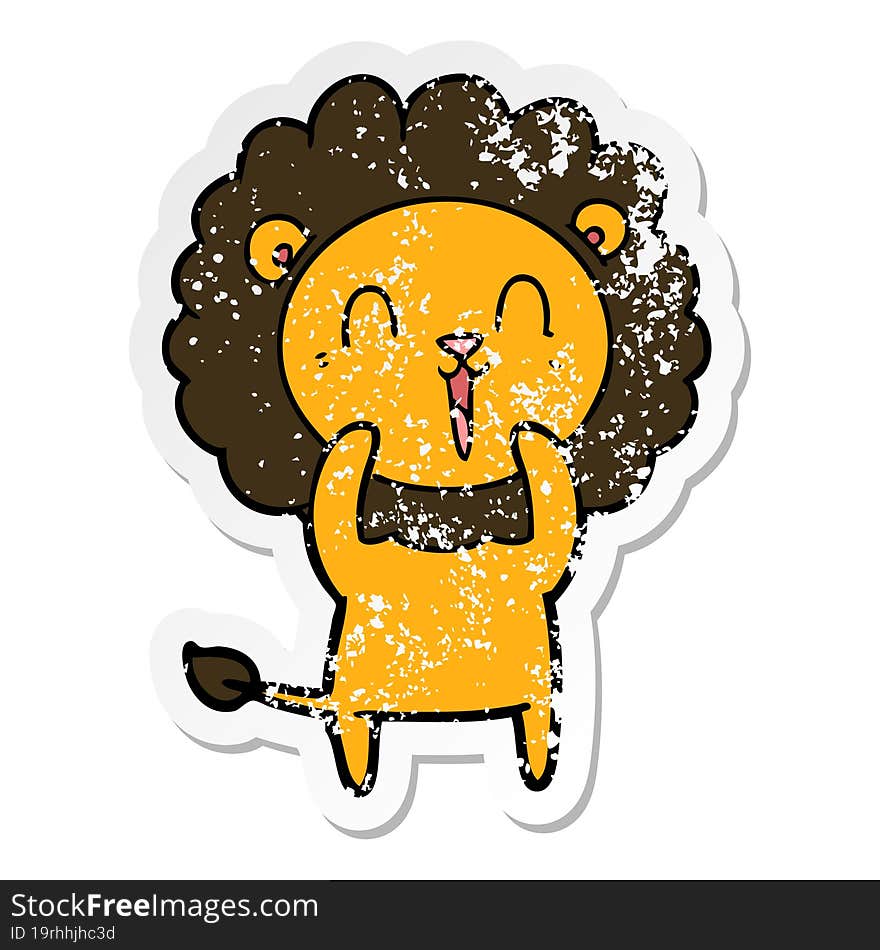 distressed sticker of a laughing lion cartoon