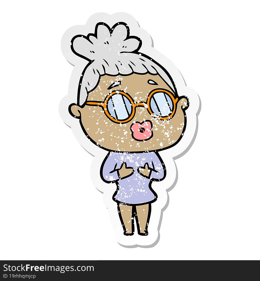 distressed sticker of a cartoon woman wearing spectacles