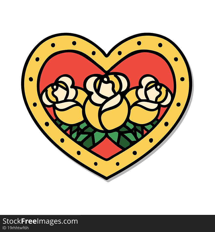 sticker of tattoo in traditional style of a heart and flowers. sticker of tattoo in traditional style of a heart and flowers