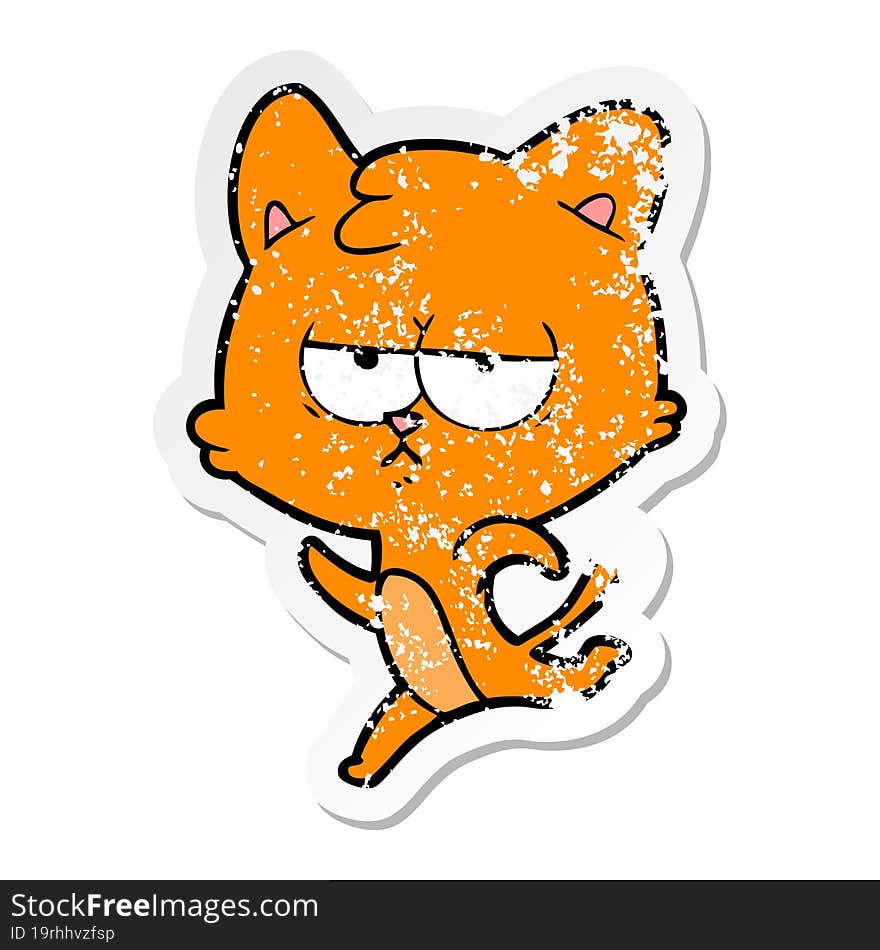 Distressed Sticker Of A Bored Cartoon Cat