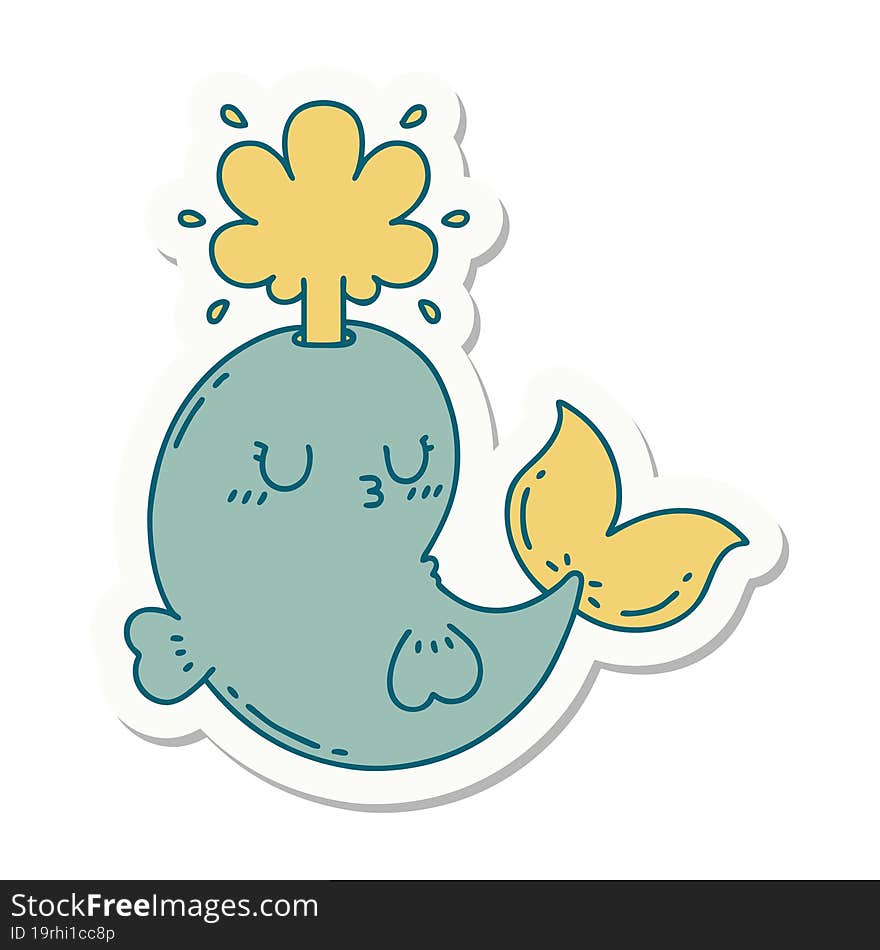 sticker of tattoo style happy squirting whale character