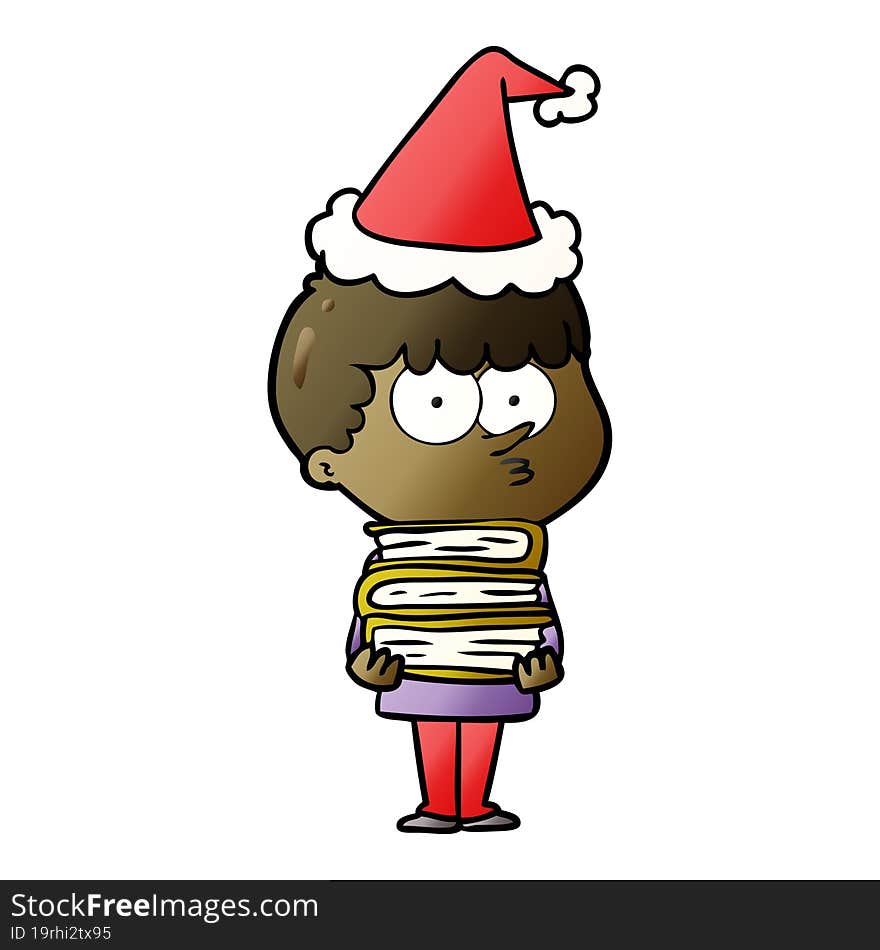 gradient cartoon of a curious boy with lots of books wearing santa hat