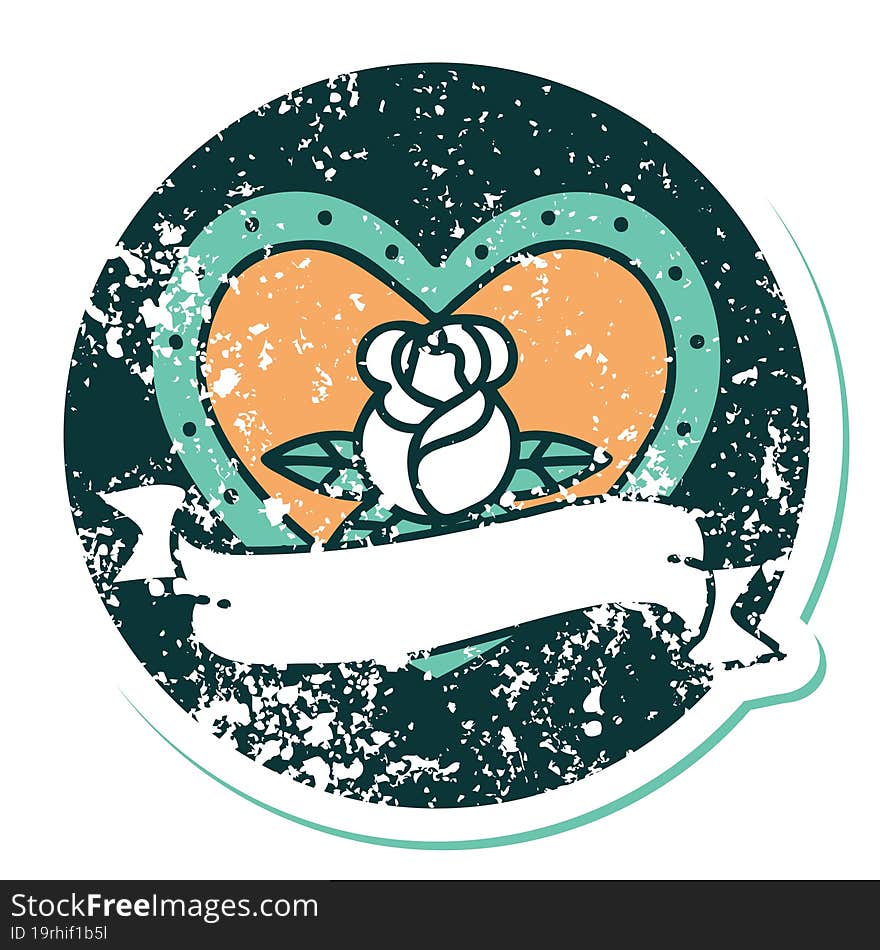 iconic distressed sticker tattoo style image of a heart rose and banner. iconic distressed sticker tattoo style image of a heart rose and banner