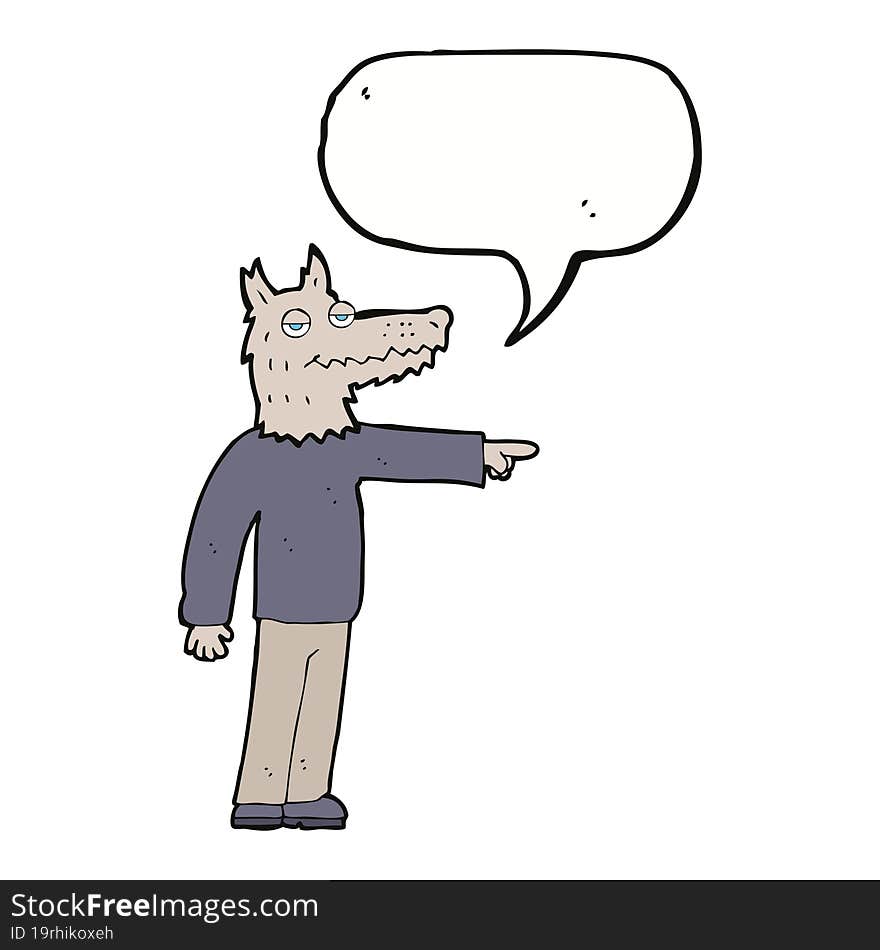 cartoon wolf man pointing with speech bubble