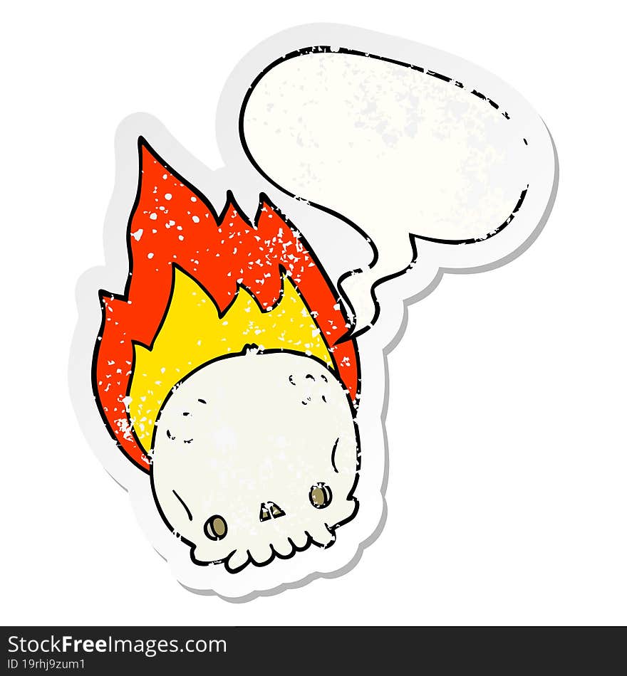 spooky cartoon flaming skull with speech bubble distressed distressed old sticker. spooky cartoon flaming skull with speech bubble distressed distressed old sticker