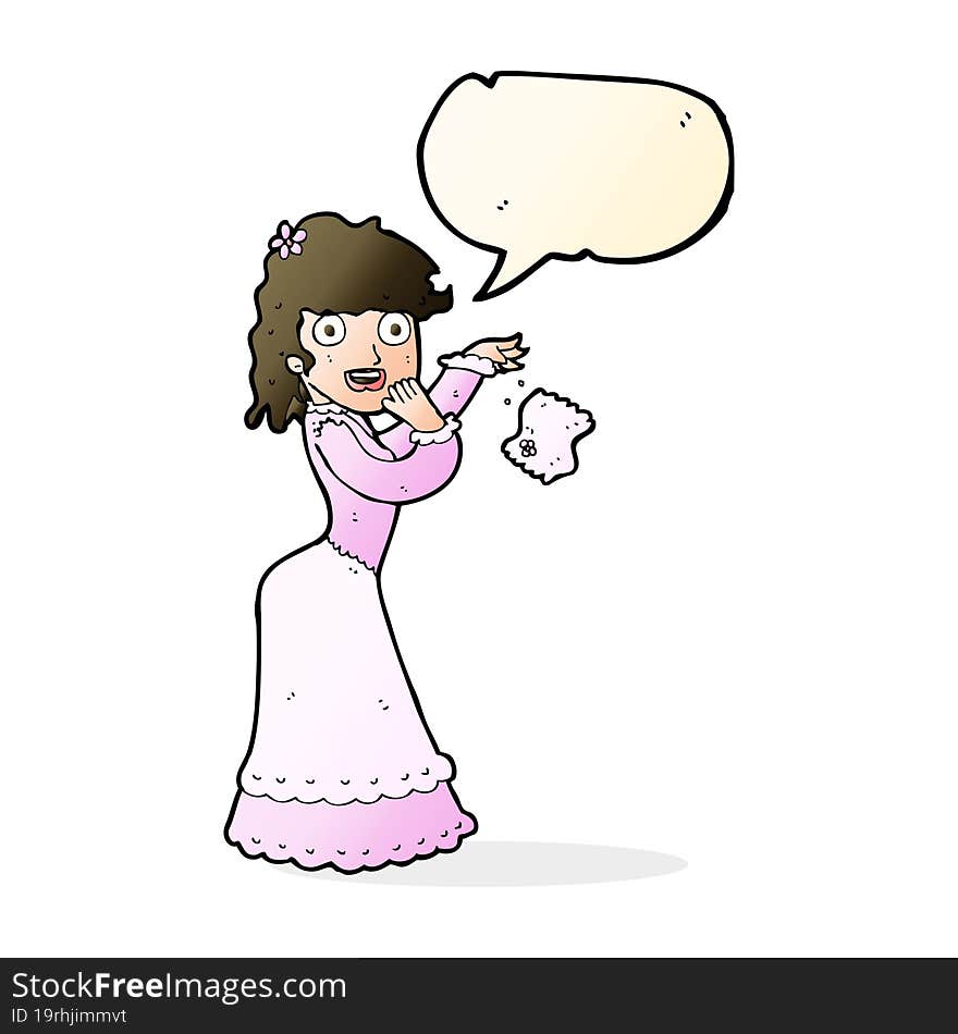 cartoon victorian woman dropping handkerchief with speech bubble