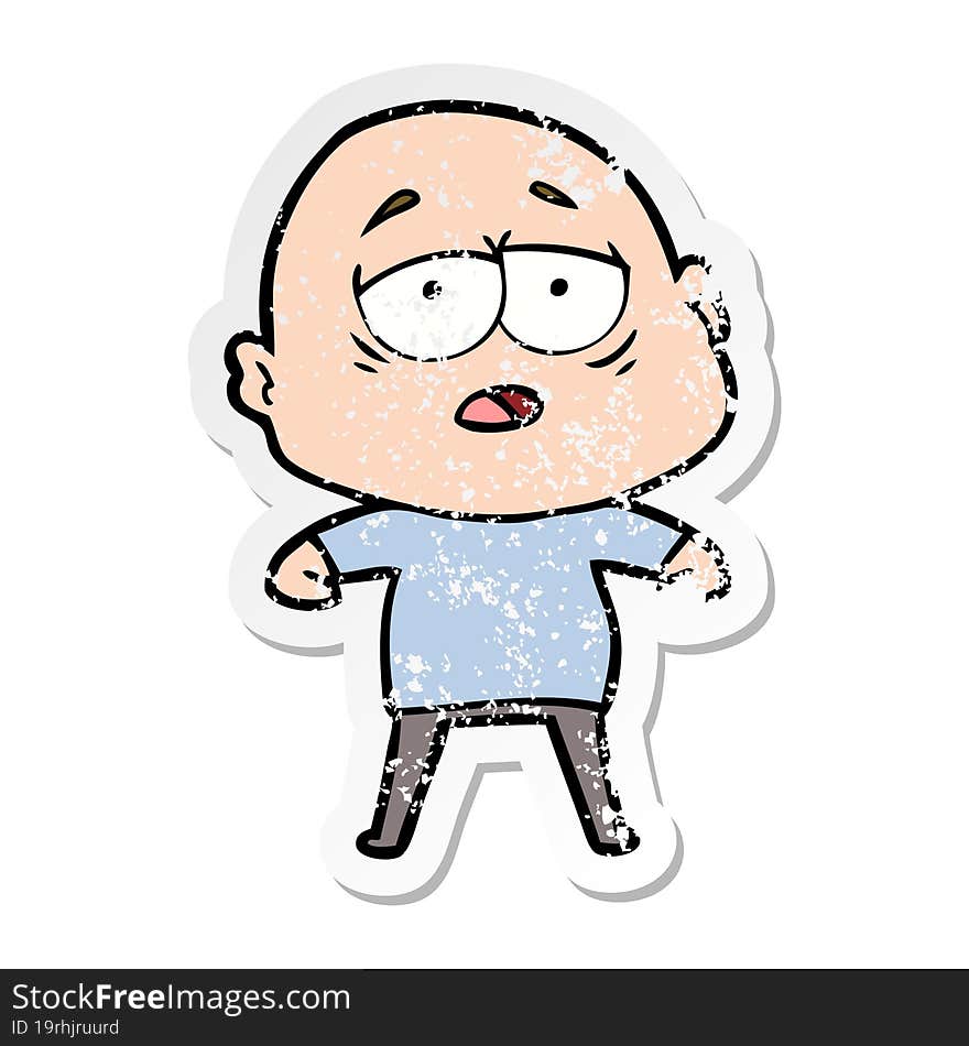 distressed sticker of a cartoon tired bald man