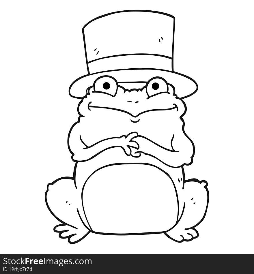 freehand drawn black and white cartoon frog in top hat