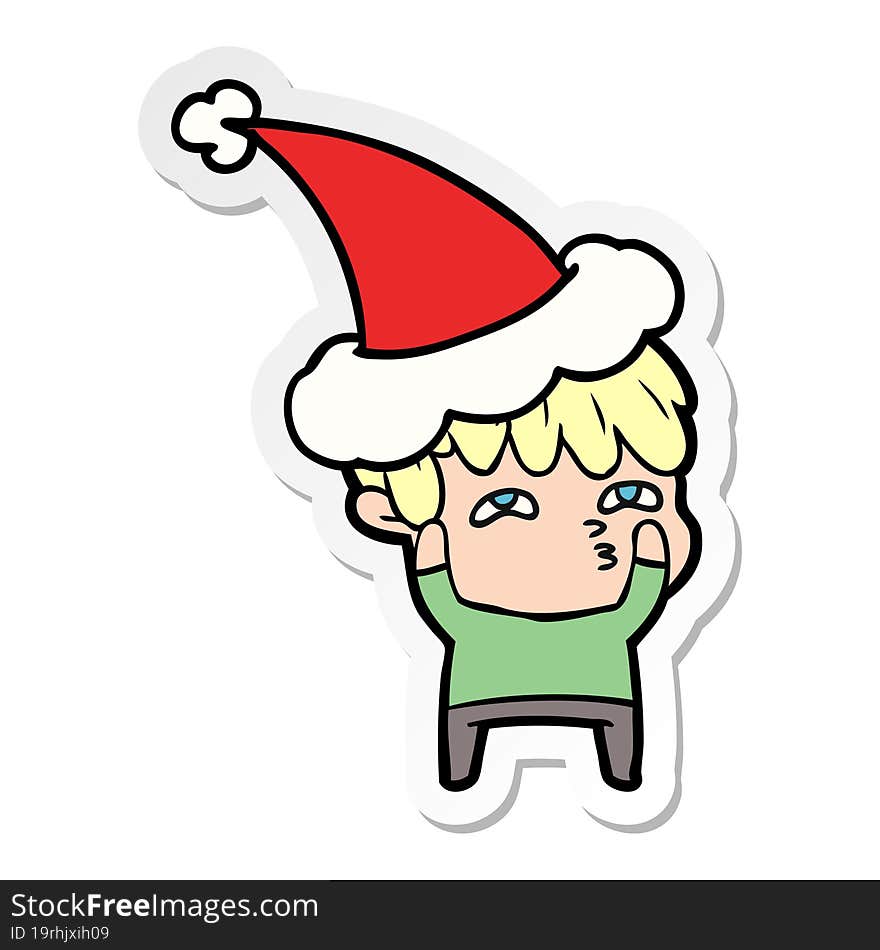 Sticker Cartoon Of A Curious Man Wearing Santa Hat