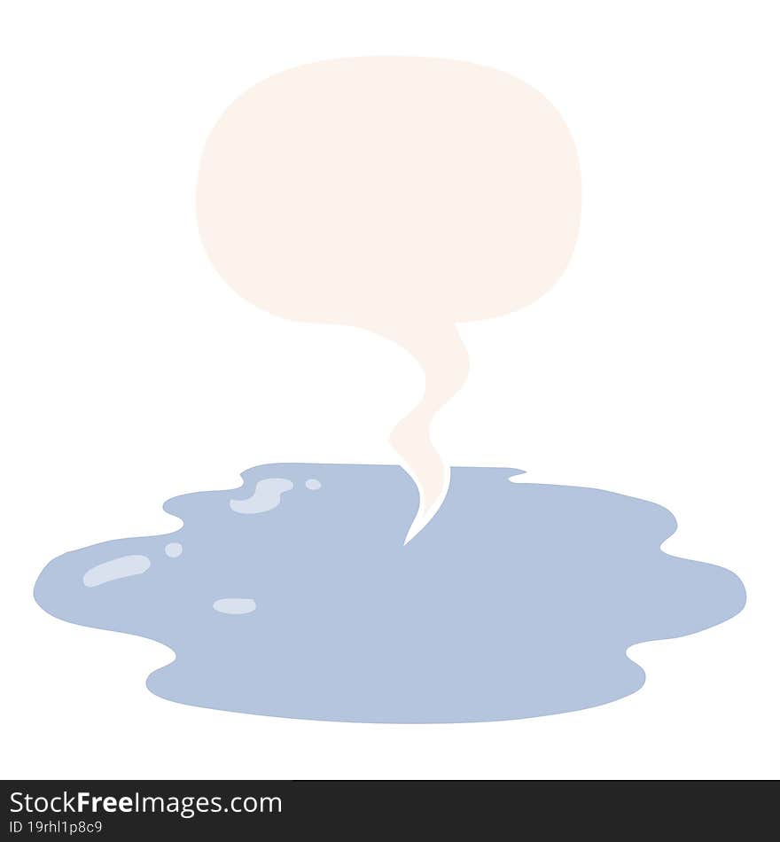 cartoon puddle of water and speech bubble in retro style