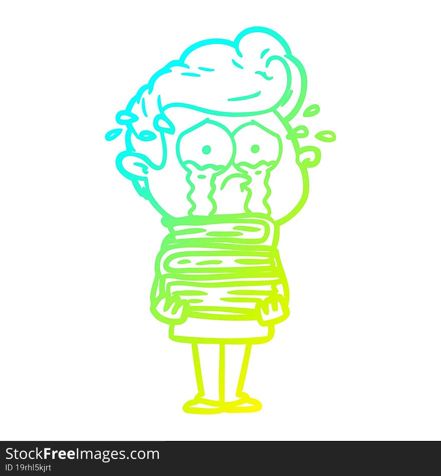 Cold Gradient Line Drawing Cartoon Crying Student With Stack Of Books