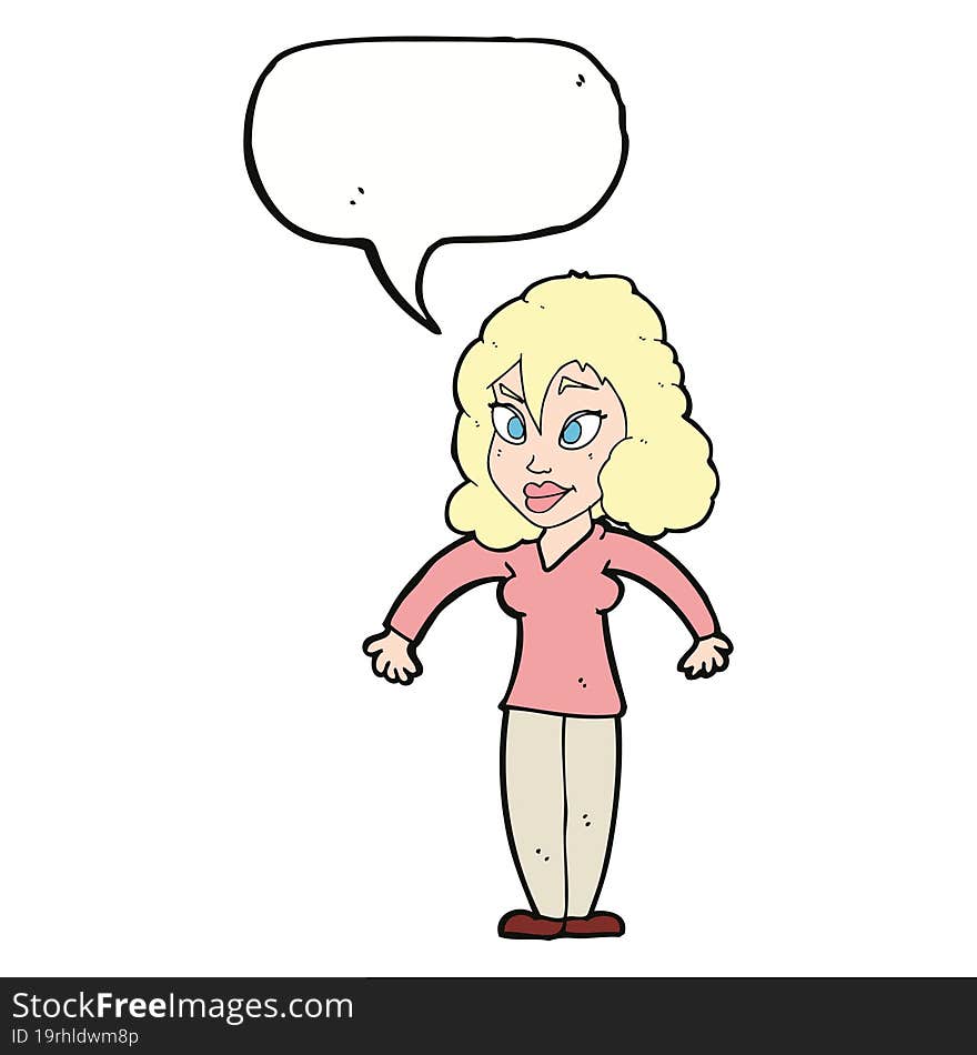 cartoon woman shrugging shoulders with speech bubble