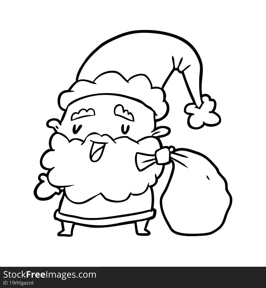 line drawing of a santa claus carrying sack of presents. line drawing of a santa claus carrying sack of presents