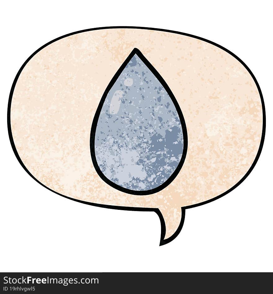 cartoon water droplet with speech bubble in retro texture style