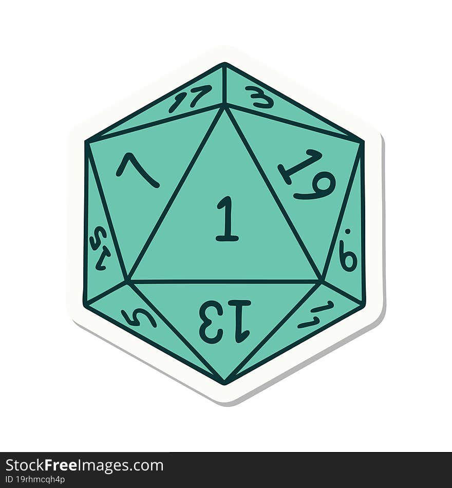 sticker of a natural 1 D20 dice roll. sticker of a natural 1 D20 dice roll