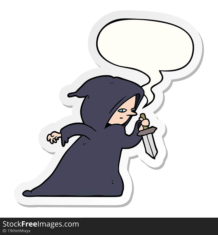 cartoon assassin in dark robe and speech bubble sticker