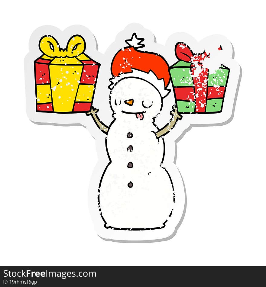 distressed sticker of a cartoon snowman with present