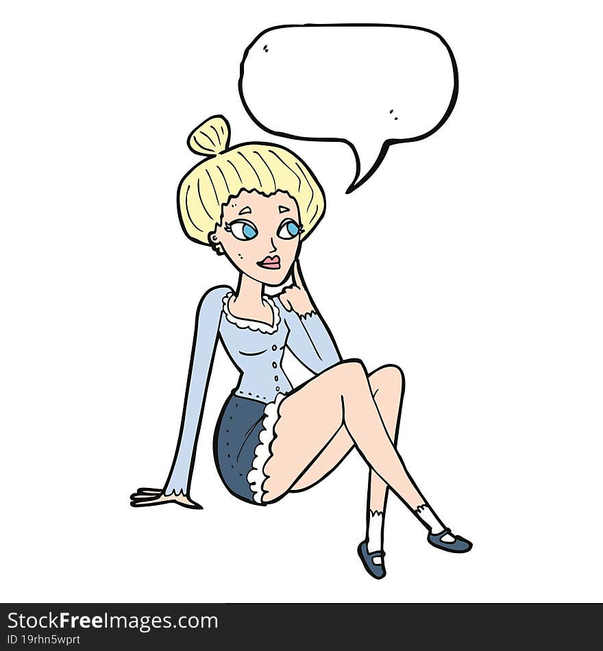 Cartoon Attractive Woman Sitting Thinking With Speech Bubble