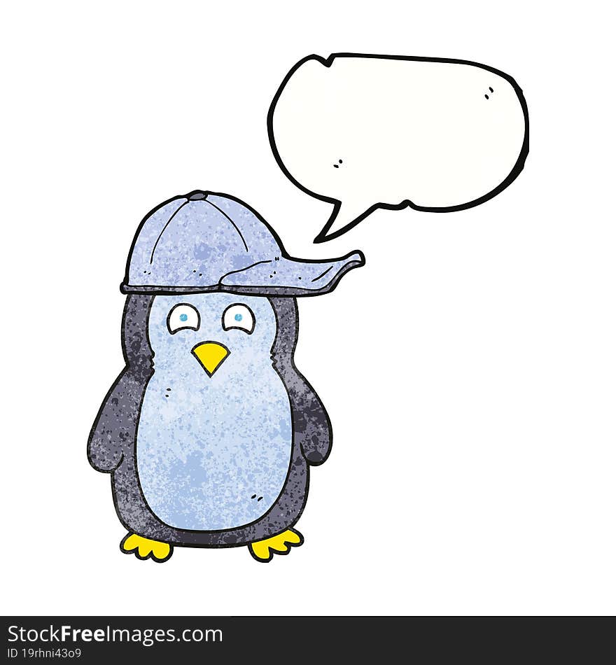 Speech Bubble Textured Cartoon Penguin Wearing Hat