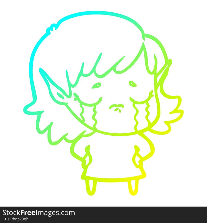 cold gradient line drawing cartoon crying elf girl