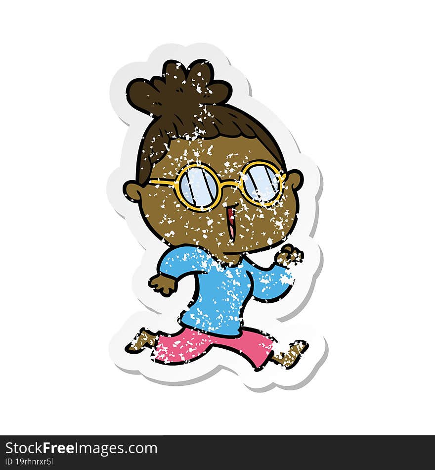 distressed sticker of a cartoon running woman wearing spectacles